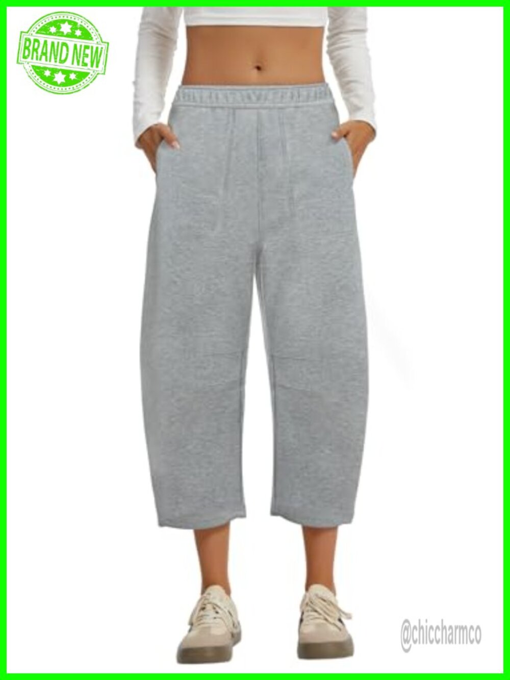 Barrel Leg Cropped Sweatpants Wide Leg Capri Pull On Cotton Blend